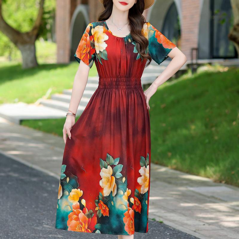 Elegantes Damenkleid Sommer Vintage Kleidung Lässig Kurzarm Lange Kleider