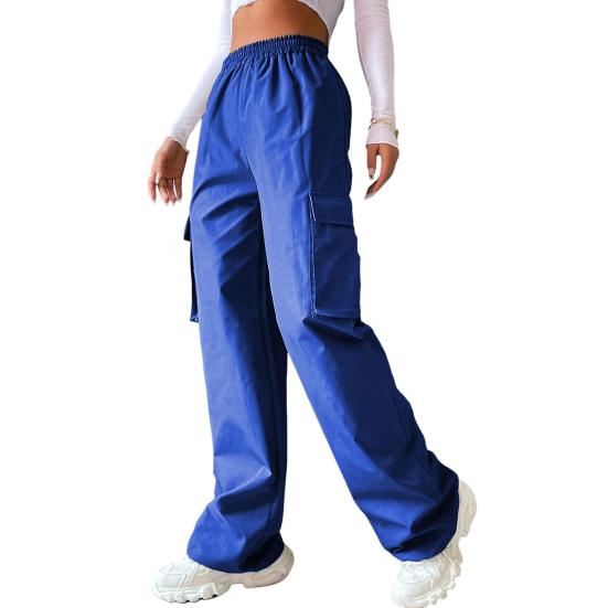 Damen Cargohose mit elastischem Bund, weites Bein, einfarbige Hose, lässige Jogginghose mit seitlicher Klappentasche