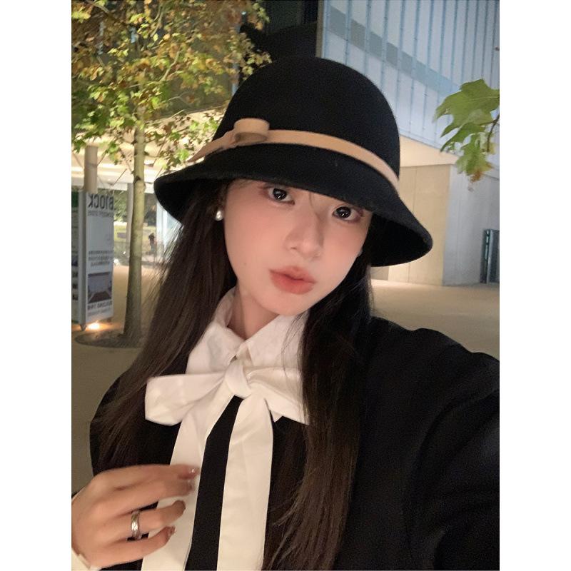 New French Hepburn style bow top hat women's autumn and winter pure woolen basin hat temperament advanced sense bucket hat