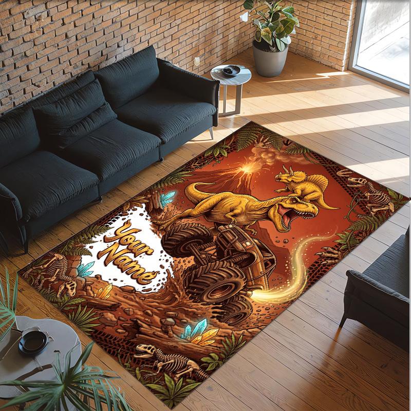 Dinosaur Theme Crystal Velvet Rug Personalized Custom Name Text Soft Floor Mat Home Decor