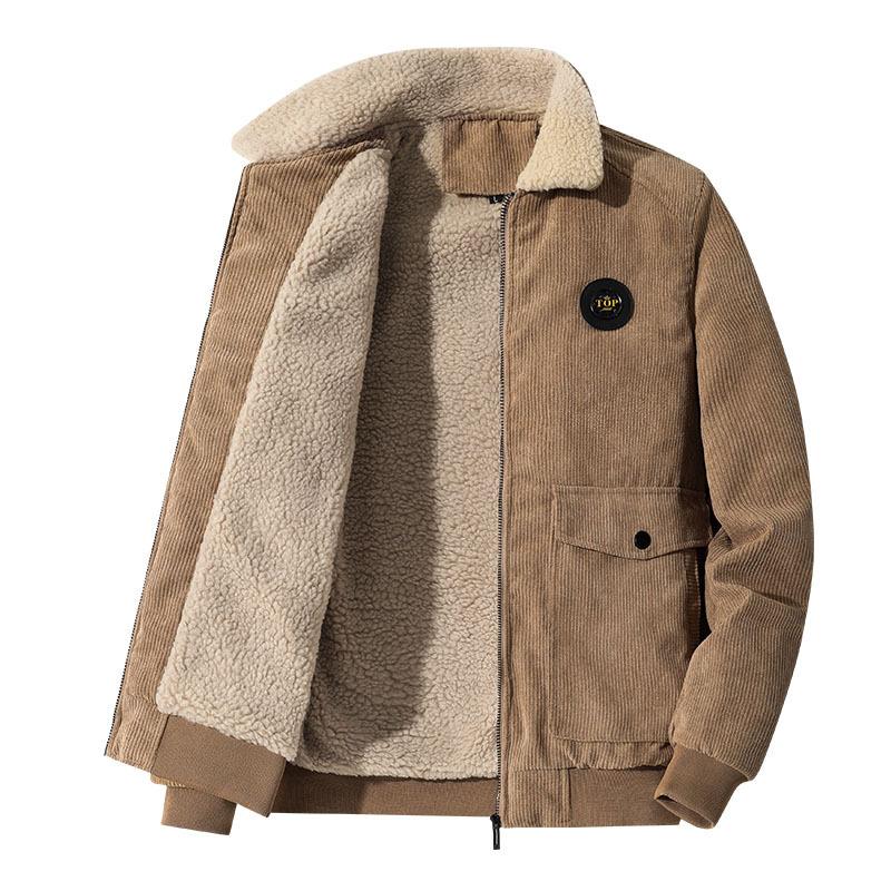 Corduroy Jacket Men's Autumn and Winter Thickened Velvet Casual Lapel Jacket Green and Medium Lamb Velvet Warm Winter Wear