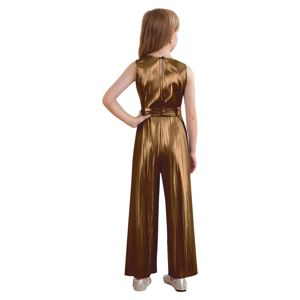 Mono de Concurso de Cumpleaños para Niñas Sin Mangas Cuello Redondo Metálico Acanalado Mameluco Pierna Ancha Body Detalle de Cinturón