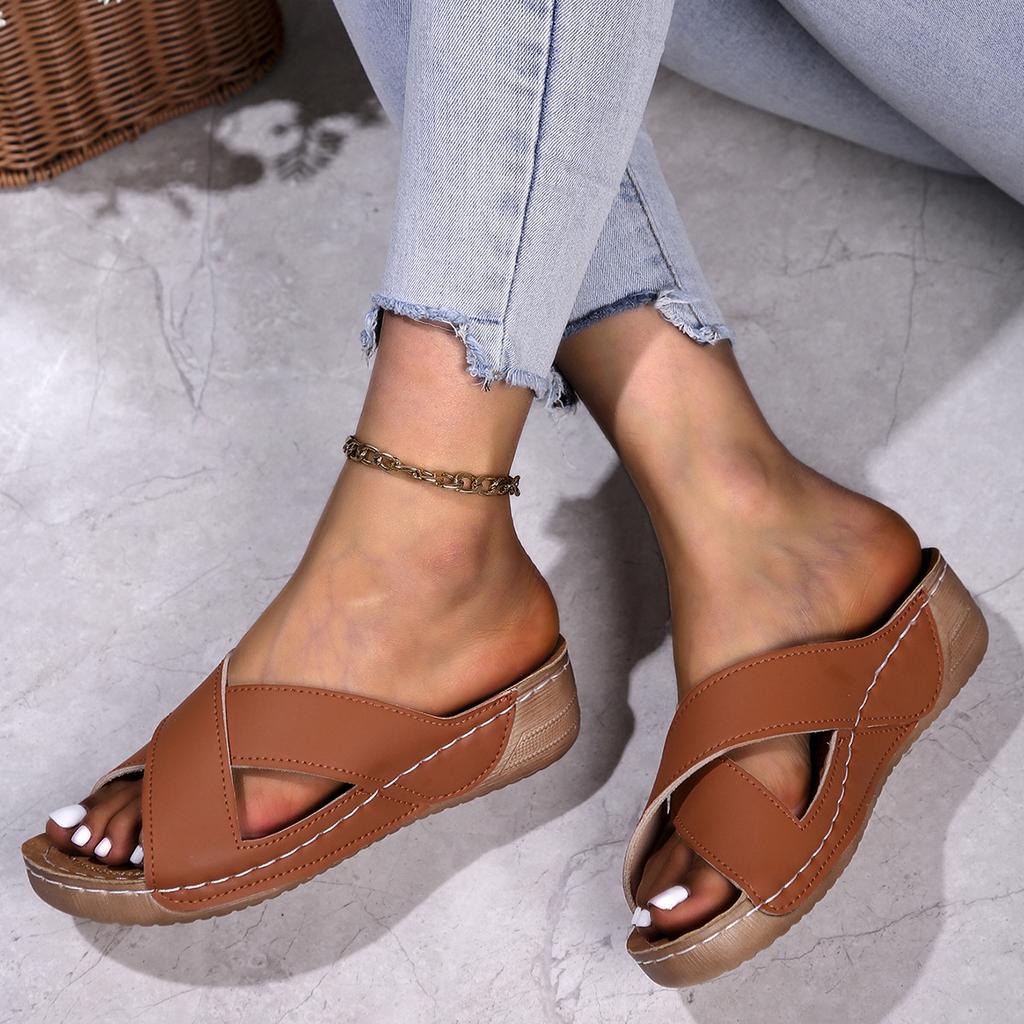Fashion New Cross Strap Thick Soled Shoes Outdoor Solid Color Wedge Ladies Slippers Retro Beach Sandals Simple Comfortable Women's Shoes