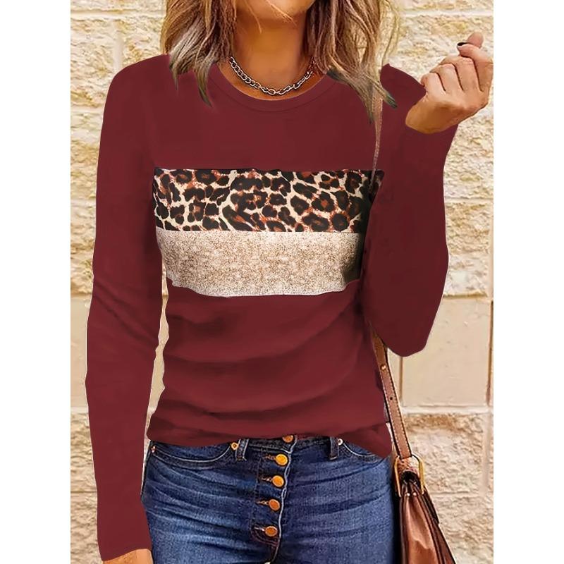 Women Fashion Leopard Printed T-Shirts Basic Casual O Neck Full Long Sleeve Tee Shirts Ladies Chic Knitted Tops
