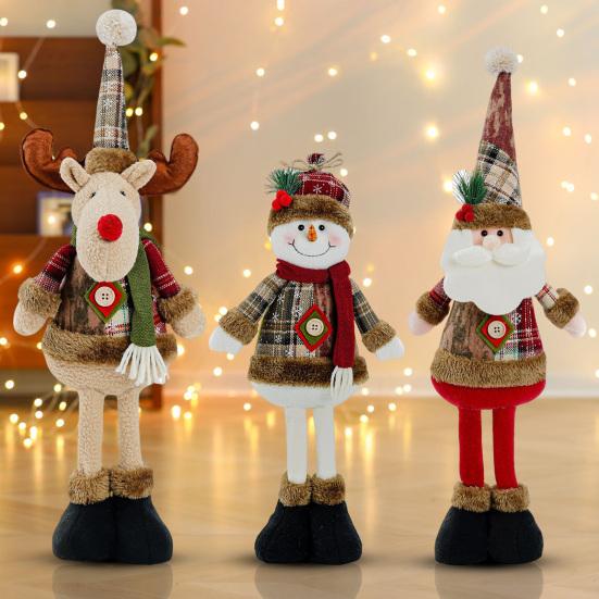 Christmas Plush Toy with Retractable Legs Handmade Reindeer Snowman Santa Claus Plush Doll Xmas Holiday Party Decoration Ornament