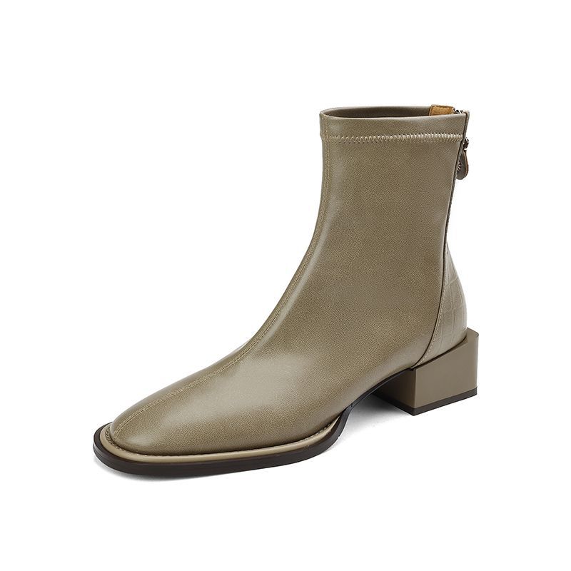 Fashion versatile French retro soft leather thick heel short boots women's 2025 autumn and winter new round head rear zipper thin boots