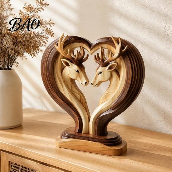 Hand Polished Wood Decor Wooden Animal Ornament with Stable Base, Double Layer Carved Figurine, Rustic Crafts for Office Heart Shape Sculpture