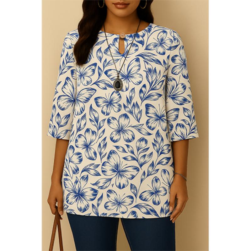 Casual Blouse, Vintage Style, For Women, Floral Print, O Neck, Three Tribal Sleeves, Elegant Loose Top