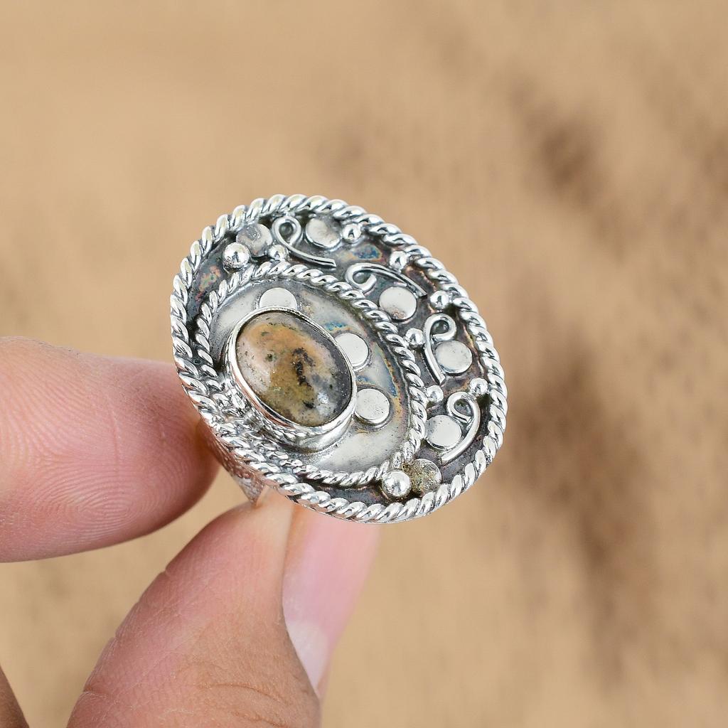 Sterling Silver Oval Honey Dendrite Opal Gemstone Birthday Wedding Ring Jewelry