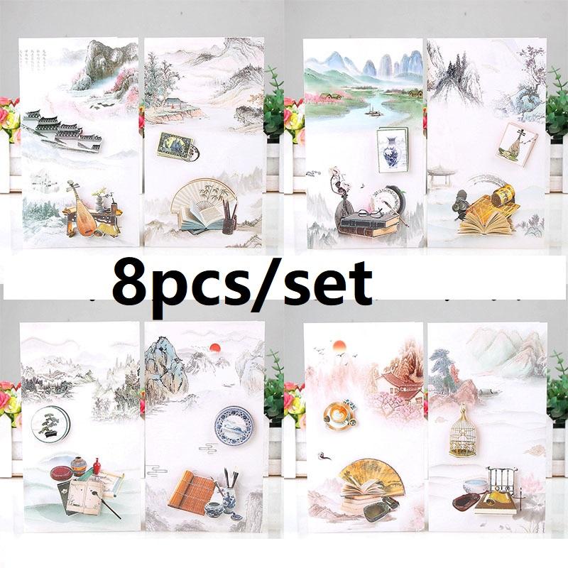 8pcs/set Chinese Style Vintage Building Scenery Greeting Cards with Envelopes Birthday Teacher s Day Thank You Paper Cards 8PCS