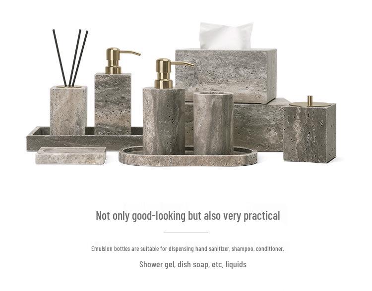 Set da Bagno Travertino Grigio Argento Wabi-Sabi: Vassoio e Decorazione per Lavabo.