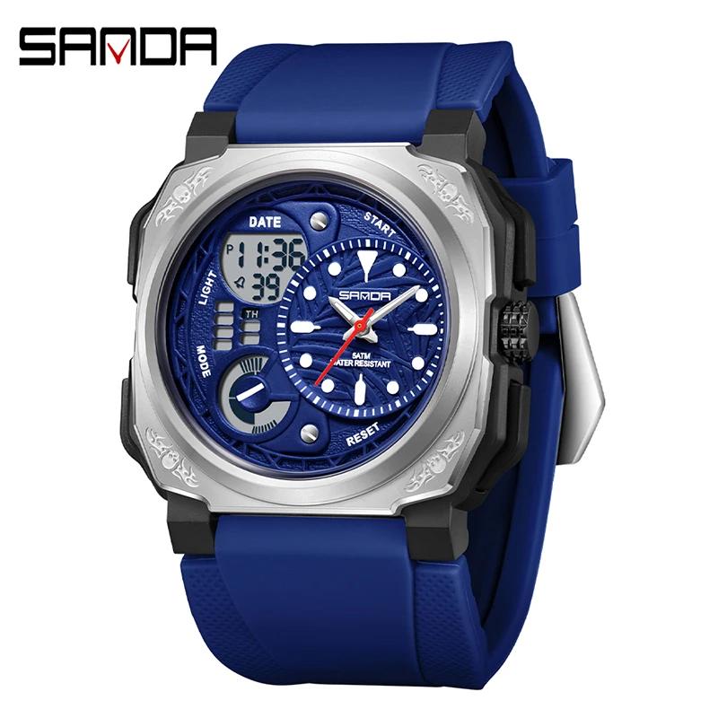 SANDA Neue quadratische Sport Herrenuhr Outdoor LED Elektronischer Stoppuhr Wecker Dual Display Multifunktions Herren Quarzuhr