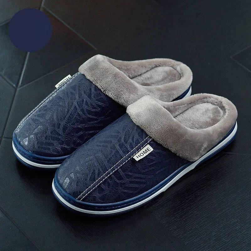Men‘s Slippers Winter Indoor Women Warm Shoe Comfortable Waterproof PU Leather Slipper Couple Cotton Flat Shoes 2025 New