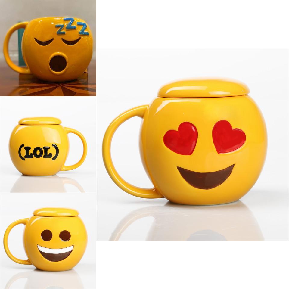 Cartoon Emoji Ceramic Mug With Smile Face And Lid For Office Use