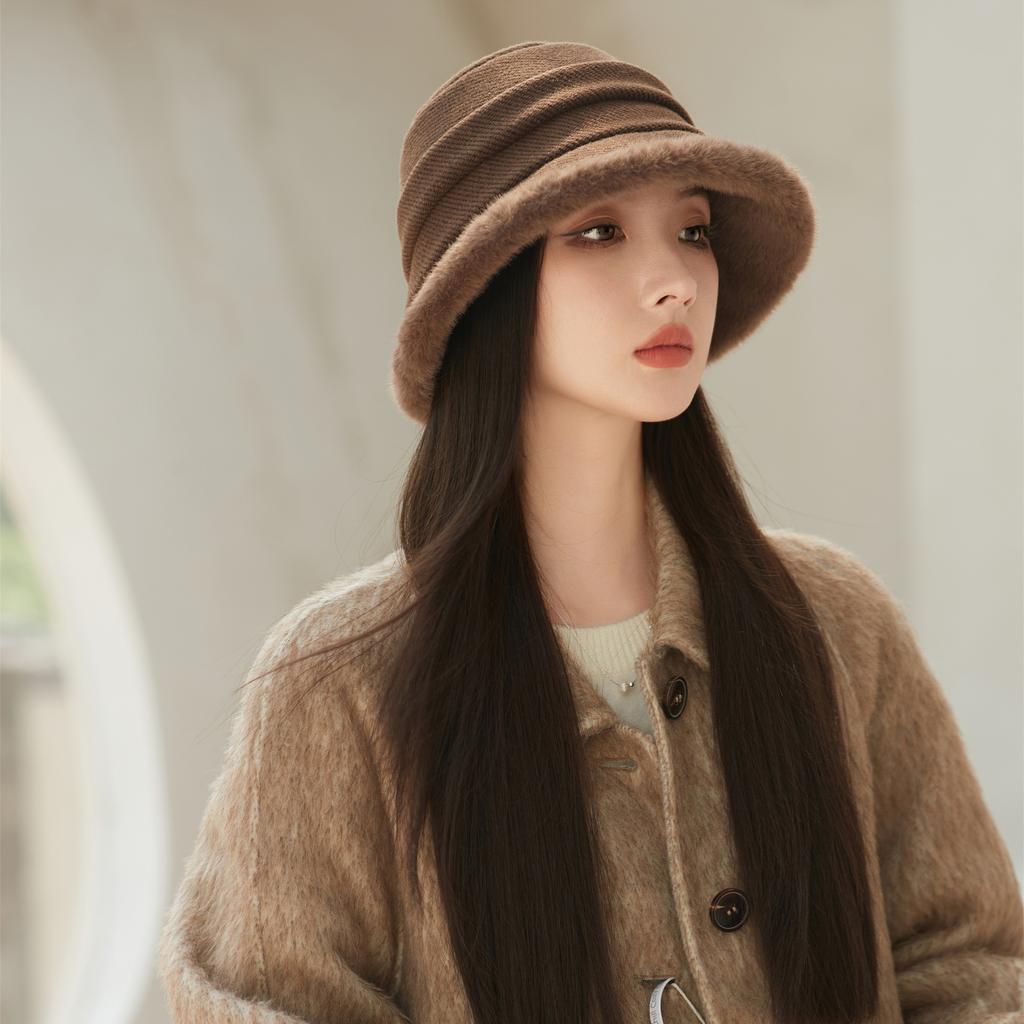 Plush Bucket Hat Women's Autumn and Winter Plush Thickened Thermal Basin Hat Elegant Middle-aged and Elderly Hat