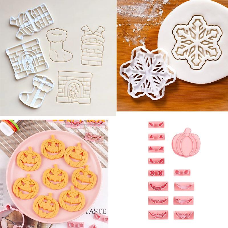 Christmas Halloween Cookie Fondant Cutter Non-Stick Pumpkin Snowflake Fireplace Stocking Shapes for Cake Decoration and Baking