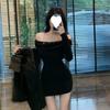 Spitzen-Patchwork schulterfreies Langarmkleid Damen Herbst figurbetont reiner Wunsch Hüftwickelrock schwarzer enger Taillen-Kurzrock