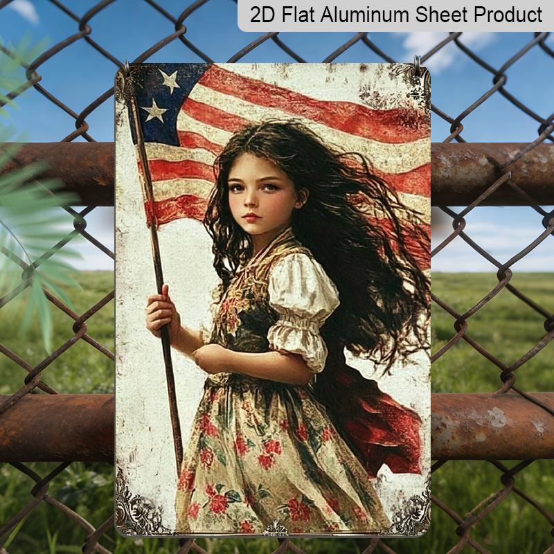 

2D Flat Vintage American Flag Girl Retro Metal Sign Durable Aluminum Material Patriotic Home Decor Patriotic Home Decor, 4th of July, Independence 20*30cm