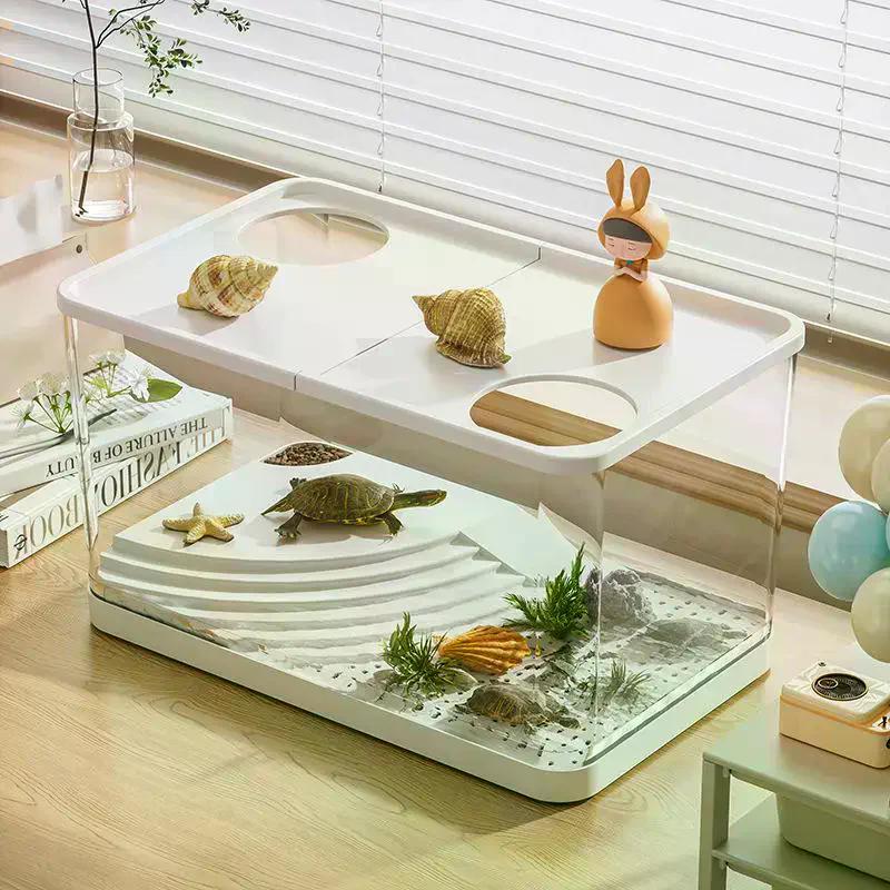 PET New Transparent Mini Fish Tank Aquarium Drop Resistant Hydroponic With Lid Ecological Desktop Home Lazy Tank Turtle Tank