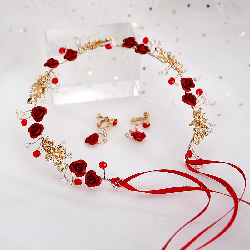 Red Flower Bridal Tiara Hairband Gold Color Crystal Pearl Headband Women Headpiece Wedding Crown Bride Hair Jewelry Accessories