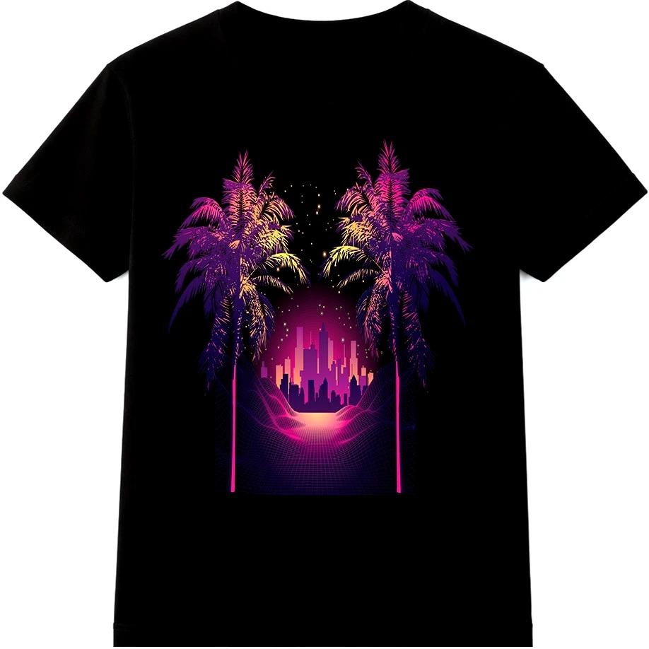 

Synthwave T Shirt Retro 80s Neon Sunset City Palm Trees Vaporwave Tee L