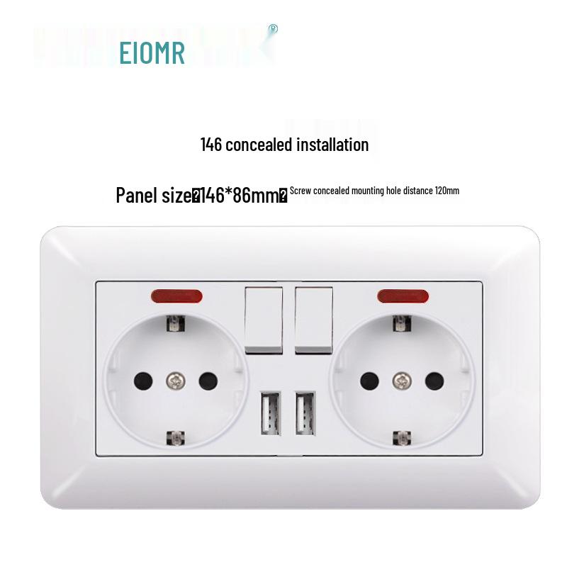 Curved White European Standard Socket Panel with Double USB & Type C, German Switch, Concealed Installation