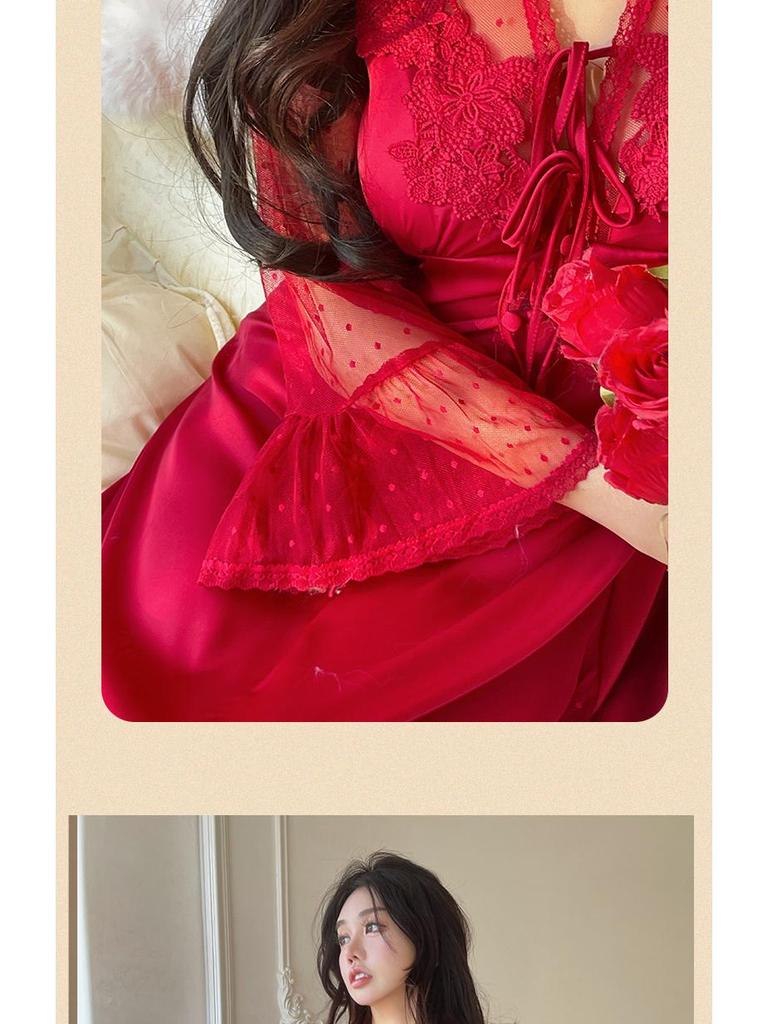 Women's Hot Summer Ice Silk Mesh Backless Nightdress - Long, Thin, and Long-Sleeved