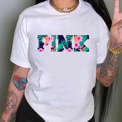 Plus Size Casual T-shirt, Women's Plus Tropical Letter Print Short Sleeve Round Neck Medium Stretch T-shirt