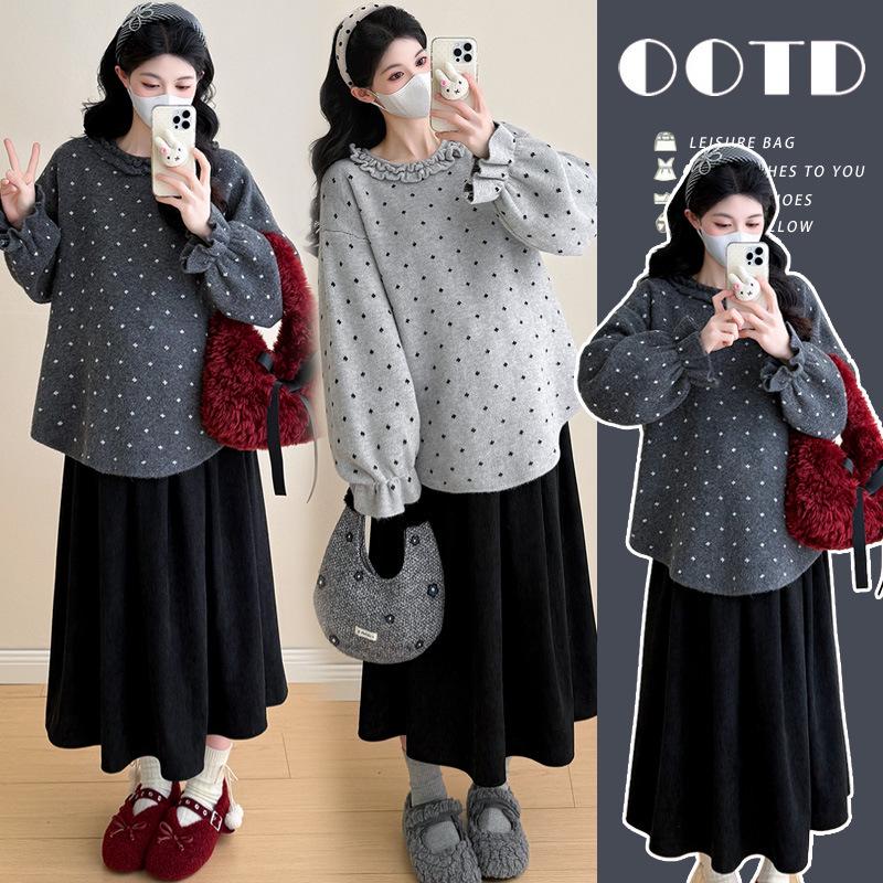 2025 Elegant French Polka Dot Knit Sweater & Pleated Skirt Maternity Set XL