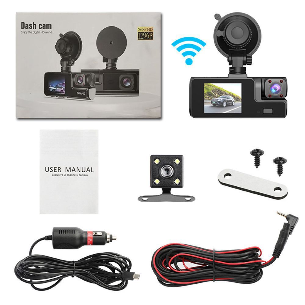 

Видеорегистратор 3 камеры Высокое разрешение 1080P Три объектива Изображение заднего вида WIFI Автомобильный DV