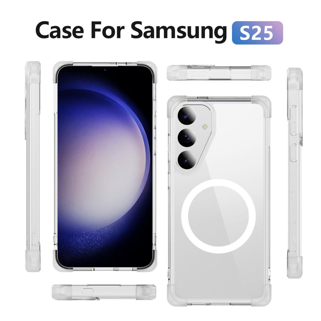 Populärt mobilskal för Samsung S25 Magnetisk ring Stöttåligt Transparent Trådlös laddning Transparent mobilskal
