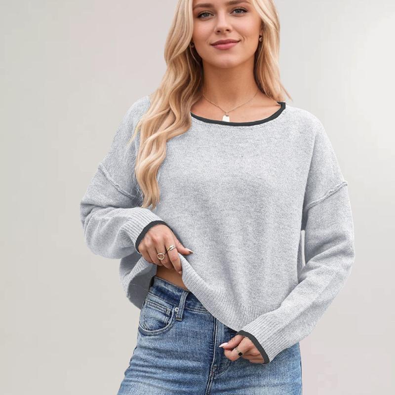 Ladies Autumn Winter Long Sleeve Round Collar Solid Color Pullover Knitted T Shirt Knitwear Top