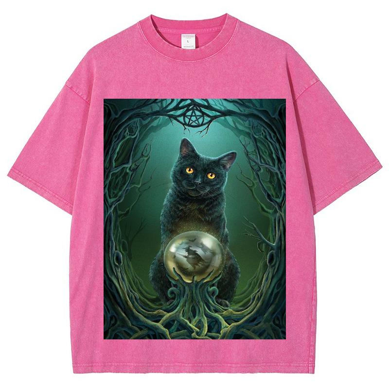 Cartoon Blaue Katze Magisches Thema Print Damen T-Shirt Unisex Übergroß Locker Retro Harajuku Stil Kurzarm Oberteil Basic T-Shirt