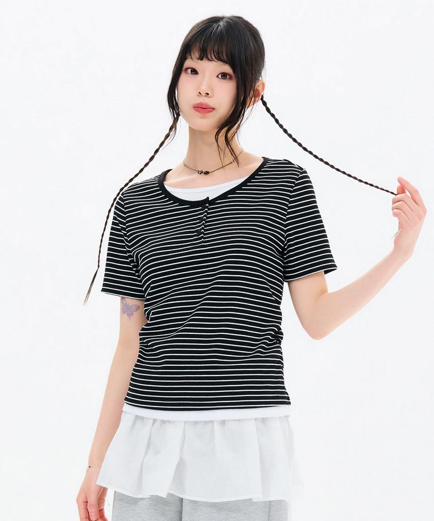 CHASECULT Women'S Striped Layered Short Sleeve T-Shirt-Fbrg5874D03