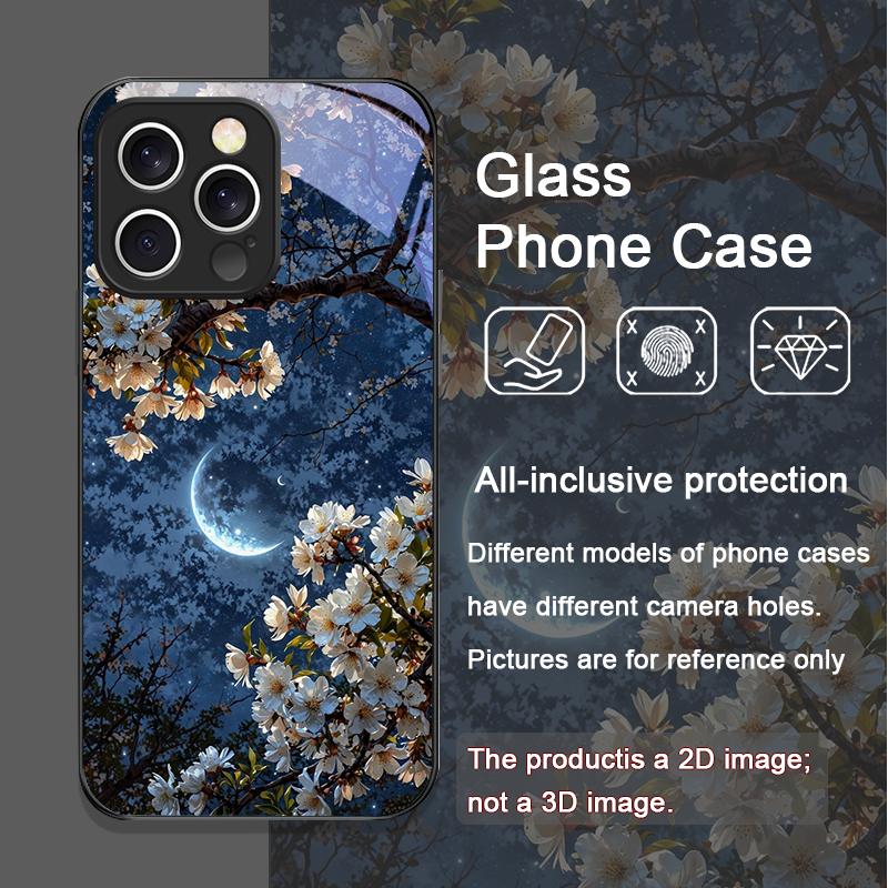Moon Cherry Blossom Pattern Scenery Tempered Glass Phone Case for iPhone 17 16 Pro Max 15 14 13 12 11 Mini XS XR 7 8 Plus Cover