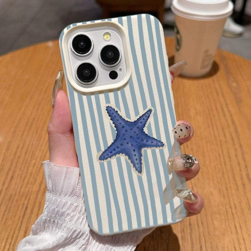 Blue Striped Starfish Pattern Soft Candy Color Phone Case For iPhone 17 16 15 14 13 12 11 Pro Max XR X XS 17Air Shockproof Cover