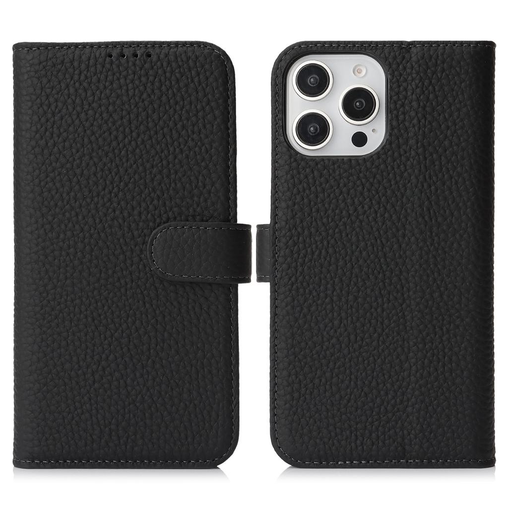 For iPhone 15 Pro Stand Case Litchi Texture Genuine Cow Leather Wallet Phone Cover RFID Blocking