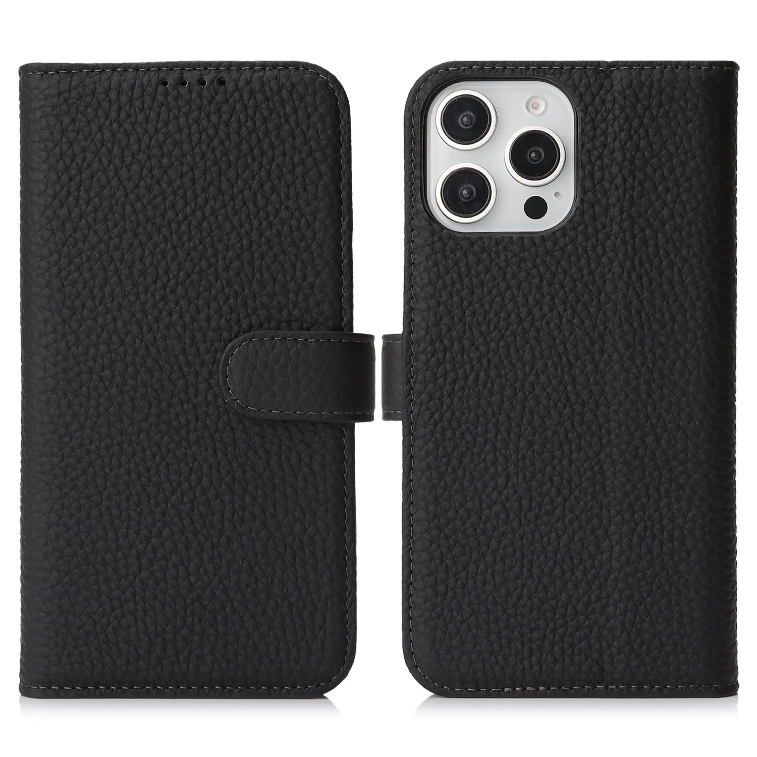 

For iPhone 15 Pro Max Stand Case Litchi Texture Genuine Cow Leather Wallet Phone Cover RFID Blocking Black