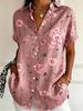 Women's Short Sleeve Watercolor Blue Floral Print Button Down Casual Shirt Elegant Daily Blouse Tops in Beige for Spring Summer