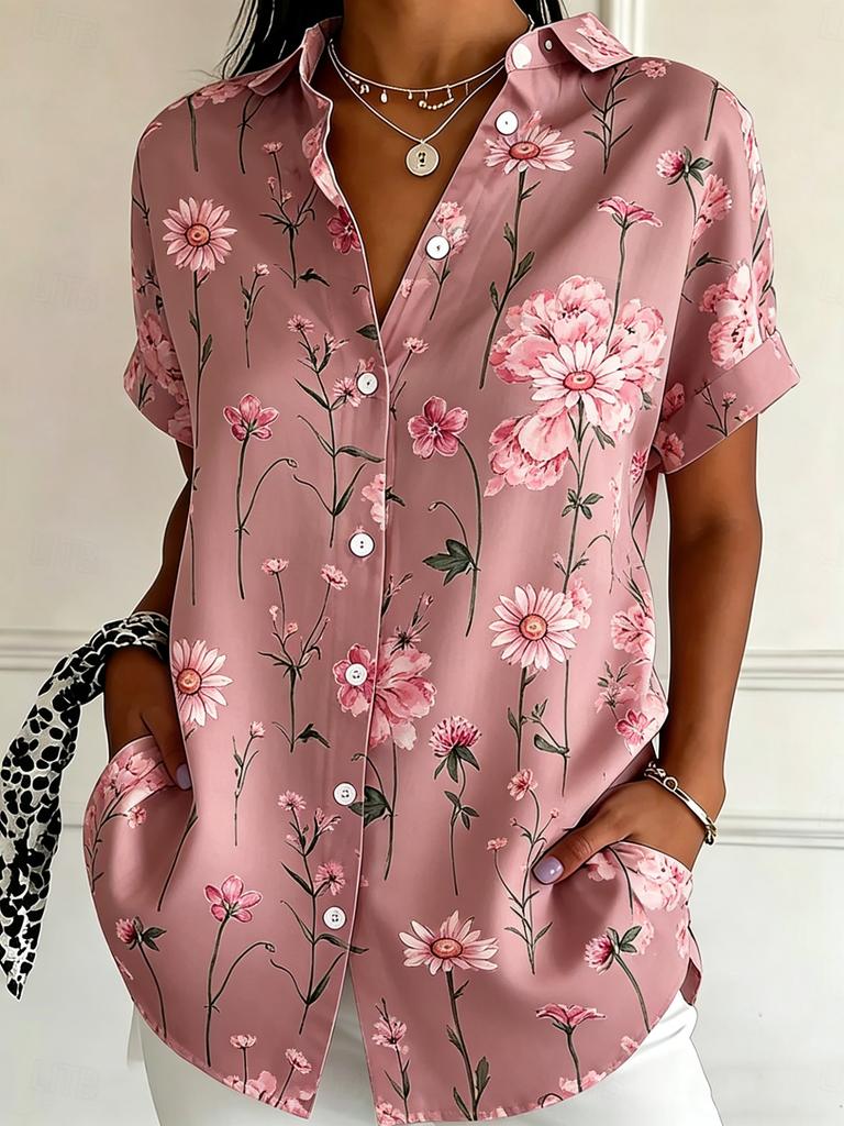 Women's Short Sleeve Watercolor Blue Floral Print Button Down Casual Shirt Elegant Daily Blouse Tops in Beige for Spring Summer