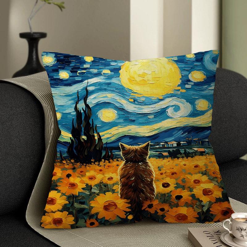 Monet Black Cat Van Gogh Sunflowers Pillowcases Home Bedding Decorative Pillow Cover Wedding Super Soft Pillow Case