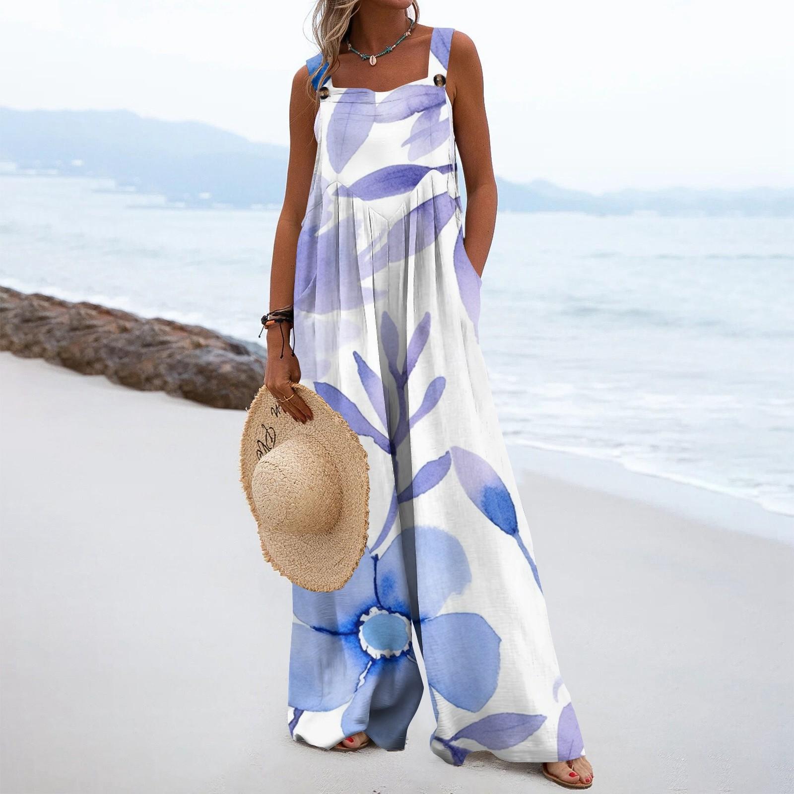 Женский модный свободный комбинезон без рукавов с цветочным принтом и карманами S — фото 11