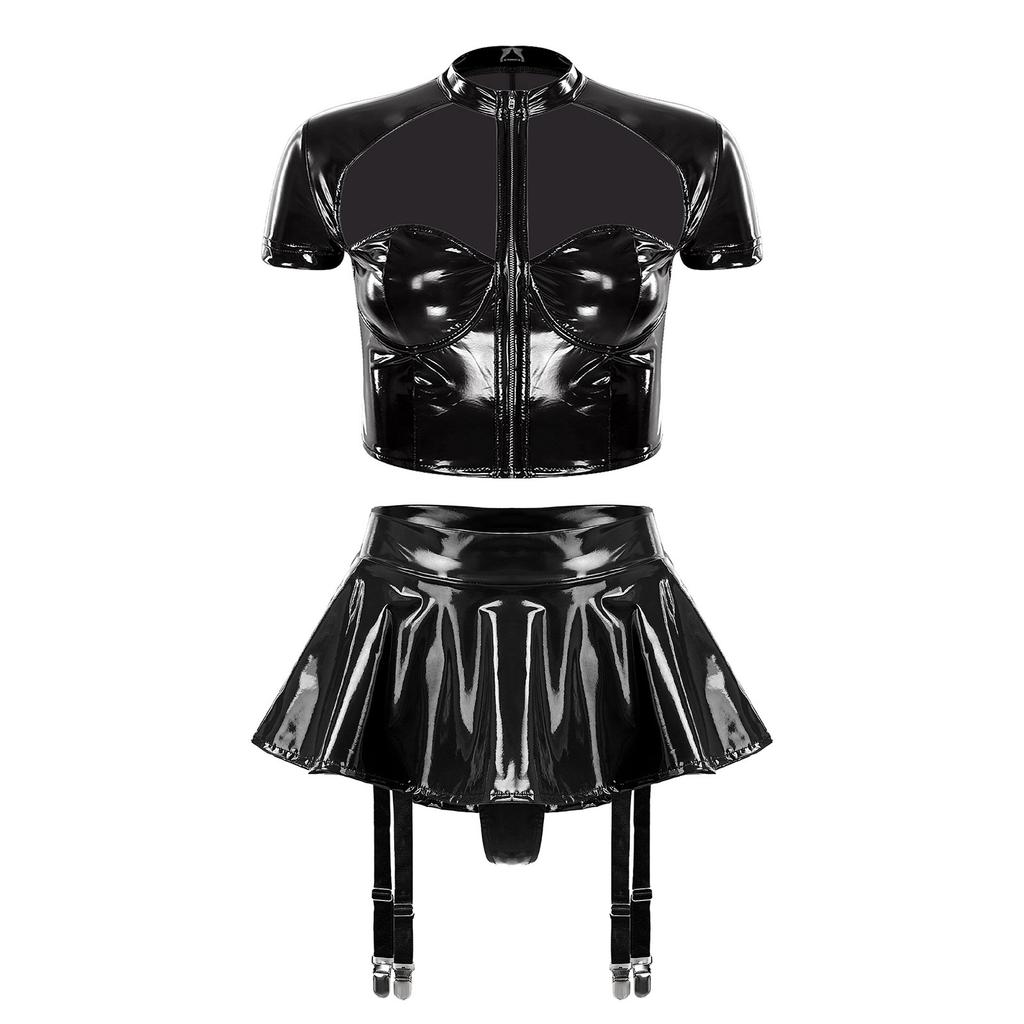 Womens PU Leather Crop Top Cutout Short Sleeve Push-up Underwire Built-in Thong Mini Skirt Rave Clubwear