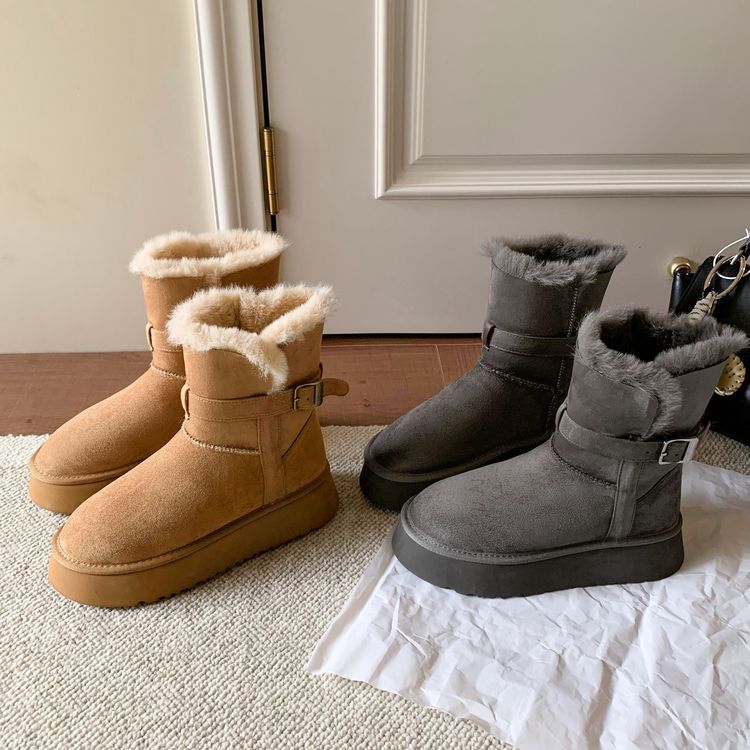 Platform Snow Boots Women's 2025 Winter New Fleece Thickened Grey Knight Boots Warm Large Cotton Shoes