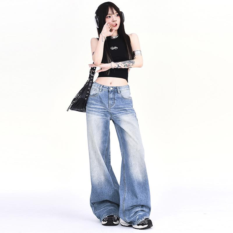 Women's 2024 Retro Low-Rise Wide-Leg Creased Distressed Jeans