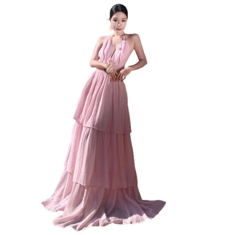 Sexy Collar Pink Suspender Dress Women's Summer Travel Seaside Vacation Beach Neck Skirt