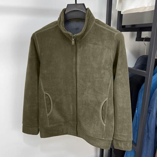 Men Coat Stand-Up Collar Long Sleeve Zipper Closure Polar Fleece Jacket