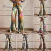 Women Retro Casual Pants Mid-rise Button Zipper Fly Wide Leg Long Trousers with Pockets Digital Floral Print Leisure Trousers Streetwear