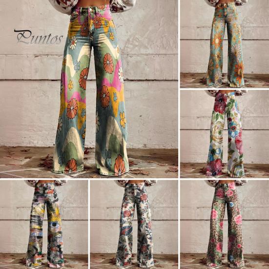 Dame Retro Casual Bukser Middels høyde Knapp Glidelåsgylf Vidt ben Lange Bukser med Lommer Digitalt Blomsterprint Fritidsbukser Streetwear