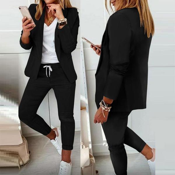 Women Elegant Long Sleeve Blazer Sets Lapel Neck Blazer Coat & Drawstring Pants Set Two Piece Outfits for Women